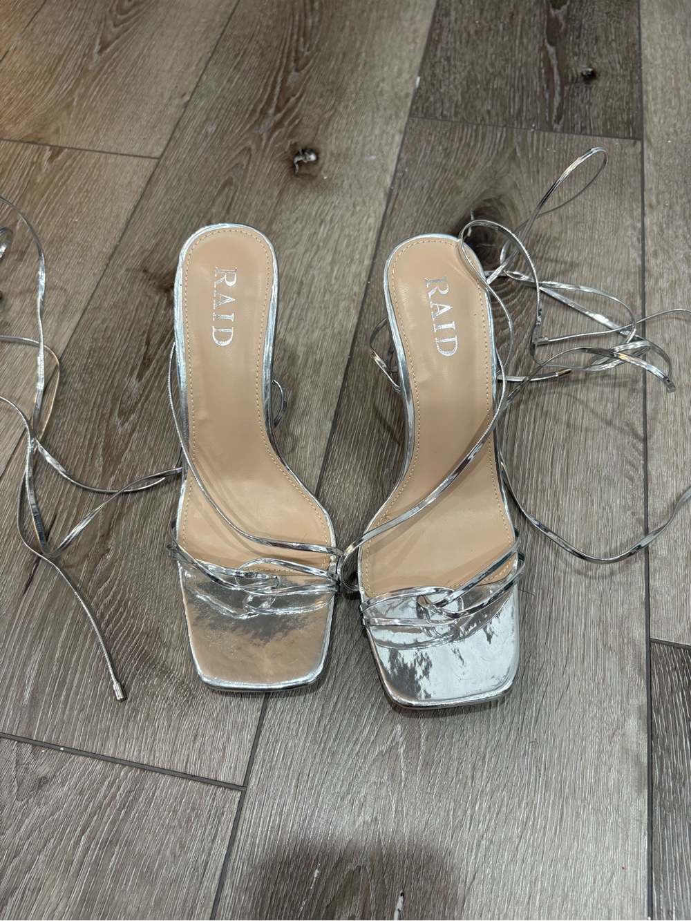 RAID Silver Metallic Lace-Up Square-Toe Heels
